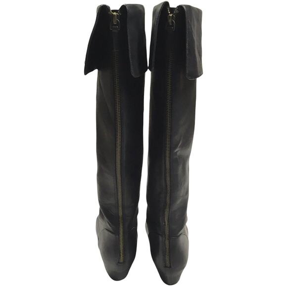 Crown‎ Vintage Lulu Knee-High Boots Black Faux Leather Foldover Wedge Women's 8 - Picture 2 of 12